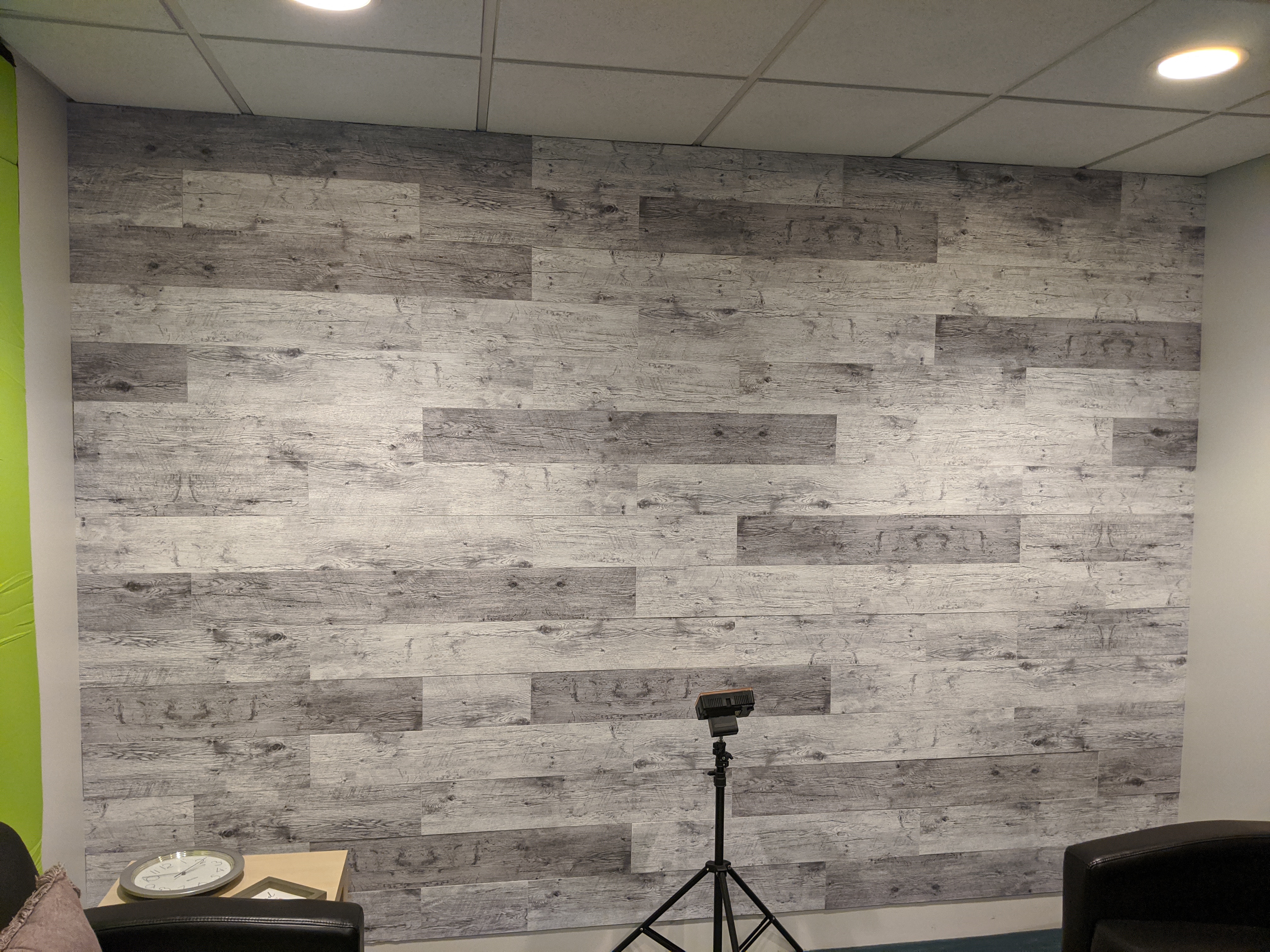 Studio wall with AcoustiWood planks.